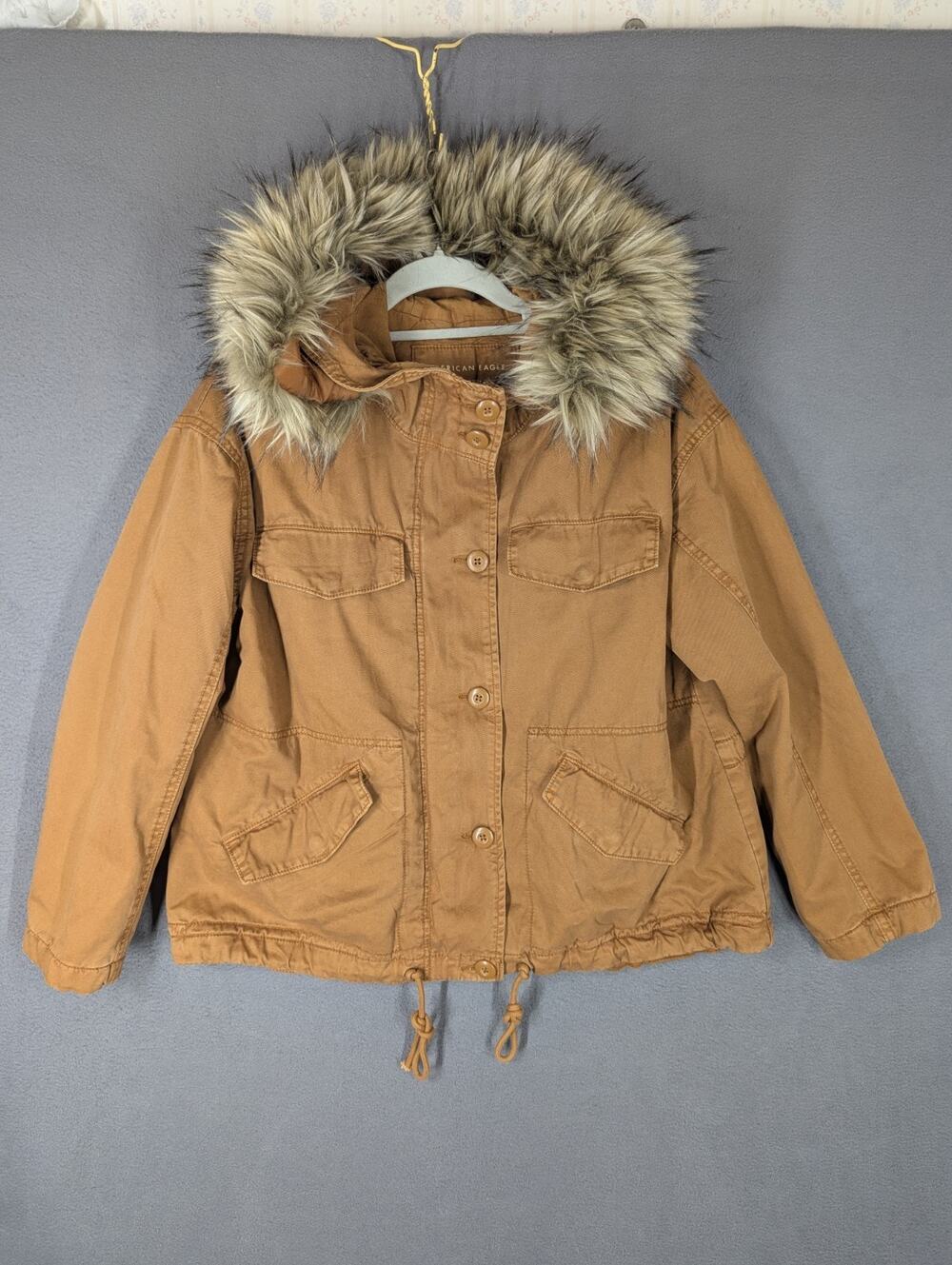American Eagle Jacket Coat Womens Small Brown Hooded Faux Fur Utility Workwear